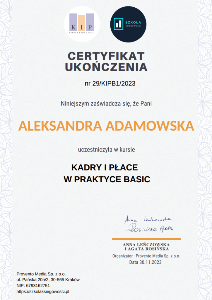 Certyfikat ukończenia kursu Kadry i Płace w Praktyce